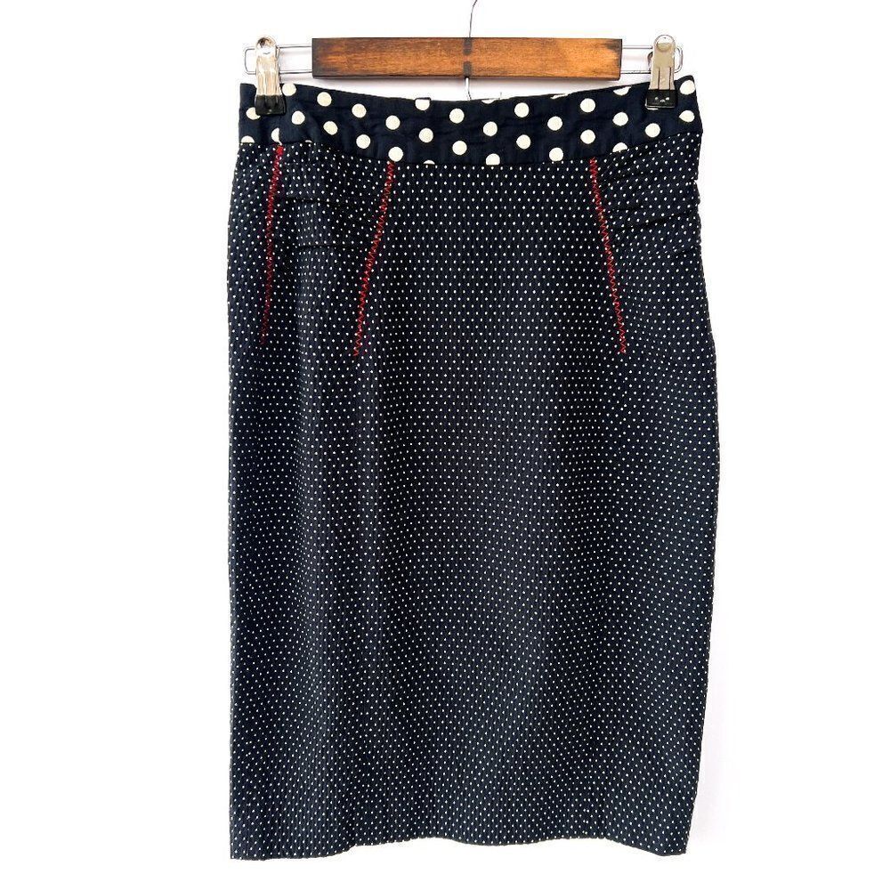 Baraschi Navy Blue White Polka Dot Knee Lenght Pencil Skirt Size 4